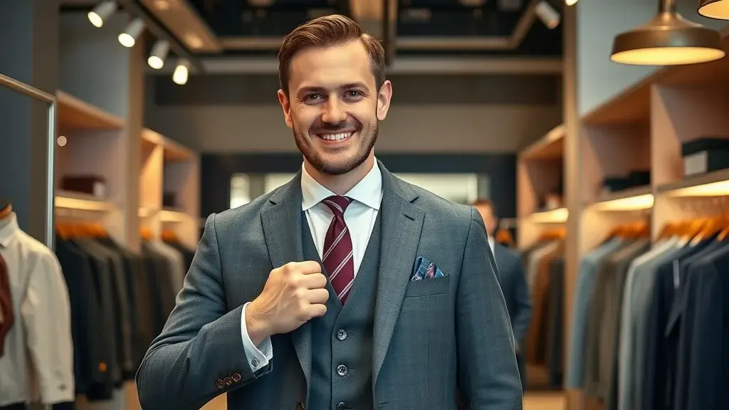 Professional men's tailor holding tailor made suit in a modern boutique with premium menswear, exemplifying mens tailor expertise in NZ.